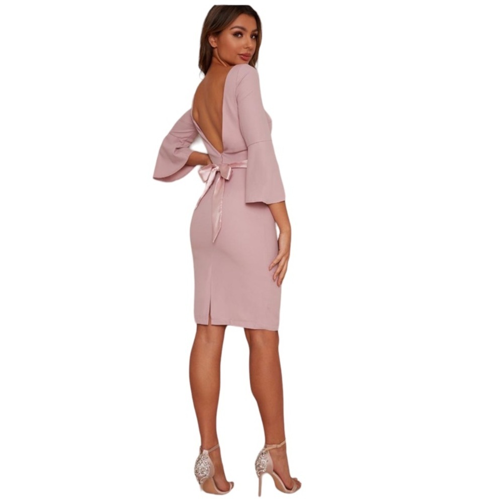 NEW Chi Chi London Dress Pink Long Sleeve Open Back Midi Chiffon Size UK 10 US 6